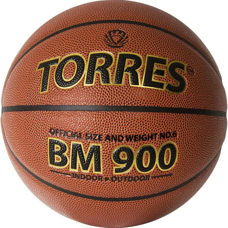 Мяч баск. матчевый  "TORRES BM900" арт.B32036, р.6, синт. кожа (полиуретан), нейлоновый корд, бутиловая камера, для зала и улицы, темнооранжево-черный