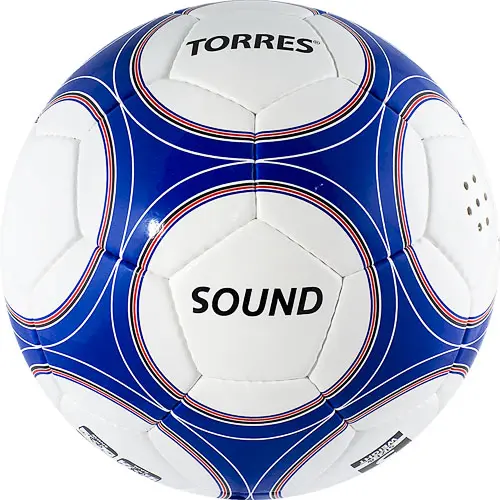 Мяч футб. "TORRES Sound" арт.F30255, р.5,спец.разраб. модель для слабовидящих (симметр. в 4-х панелях сделаны вставки,издающие звук,типа "погремушек"),32 пан, глянц.синт.кожа (ПУ толщ. 1,5 мм), 4 подкл. слоя, лат. камера,руч.сшивка,бел-син-чер