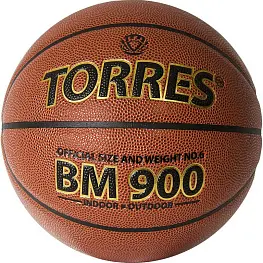 Мяч баск. матчевый  "TORRES BM900" арт.B32036, р.6, синт. кожа (полиуретан), нейлоновый корд, бутиловая камера, для зала и улицы, темнооранжево-черный