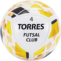 Мяч футзал. матч. "TORRES Futsal Club", р.4, 32 пан, глянц.синт кожа (полиуретан), 4 подкл. слоя из синт. ткани, бут. камера с наполнит. для низкого отскока, ручная сшивка, бел-оранж-сер