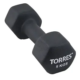 Гантель "TORRES 5 кг", металл в неопреновой оболочке, форма шестигранник, черный