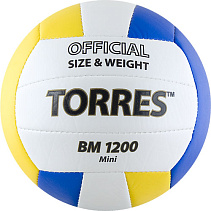 Мяч волейб. сувенирный "TORRES BM1200 Mini", арт.V30031, р.1, диам. 15 см, синт. кожа ТПУ, маш. сшивка, сине-желтый. Реплика BM1200
