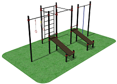 Многофункциональный комплекс из 3 турников, 2 скамей для упражнений на пресс, колец, каната и шведской стенки овал
