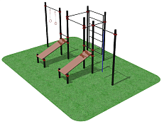 Многофункциональный комплекс из 3 турников, 2 скамей для упражнений на пресс, колец, каната и шведской стенки 108мм