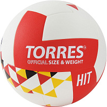 Мяч волейбольный "TORRES Hit", р.5, мягкая синт.кожа (полиуретан), армирование камеры синт.тканью, рекоменд. для игры в зале и на улице, клееный (технология TSBE), 18 панелей, бут.камера с бут.ниппелем, бело-красно-синий
